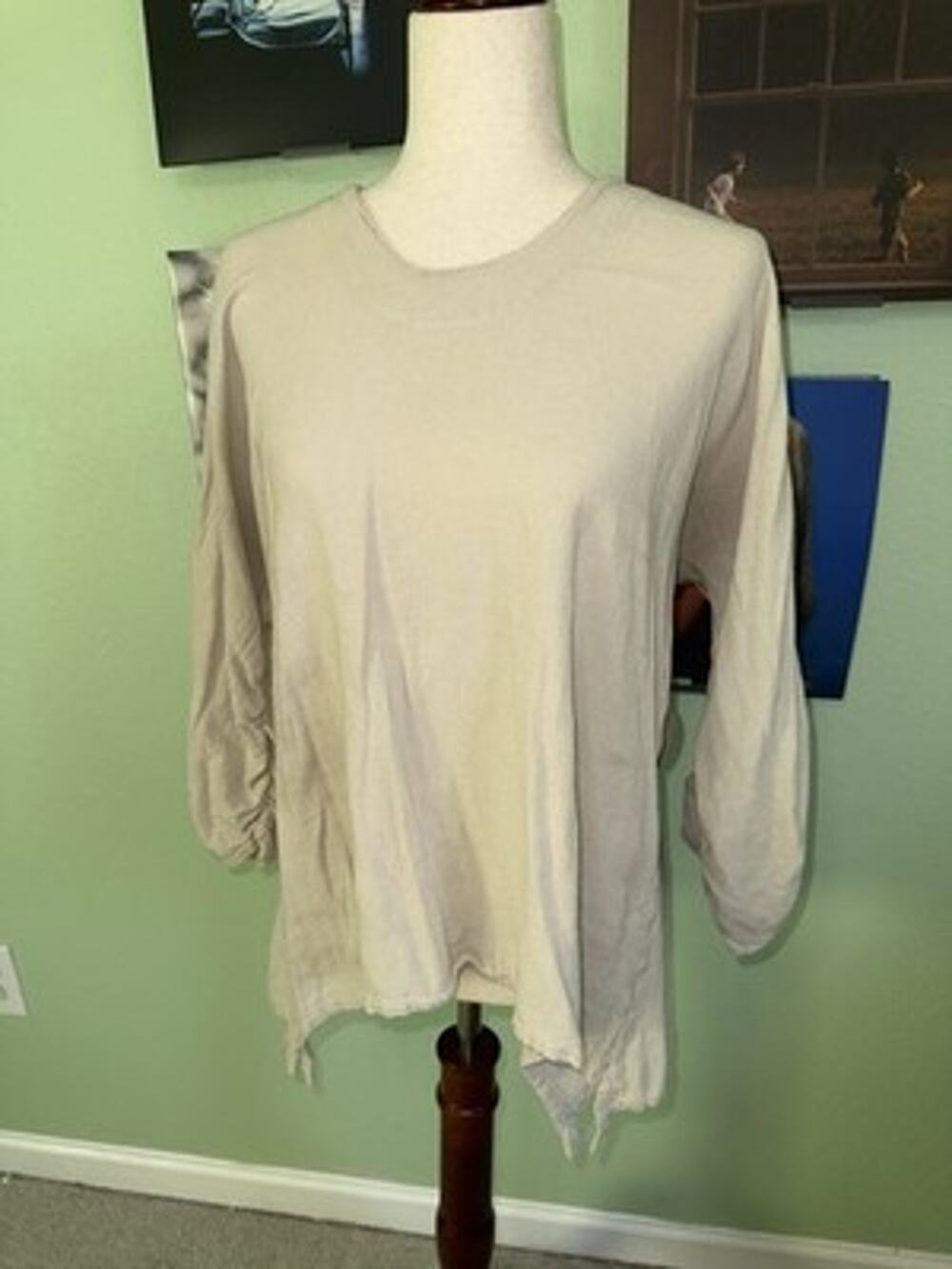 Oh My Gauze Women Size 2 Beige Oatmeal Tunic Top Ruched Sleeve Asymmetric